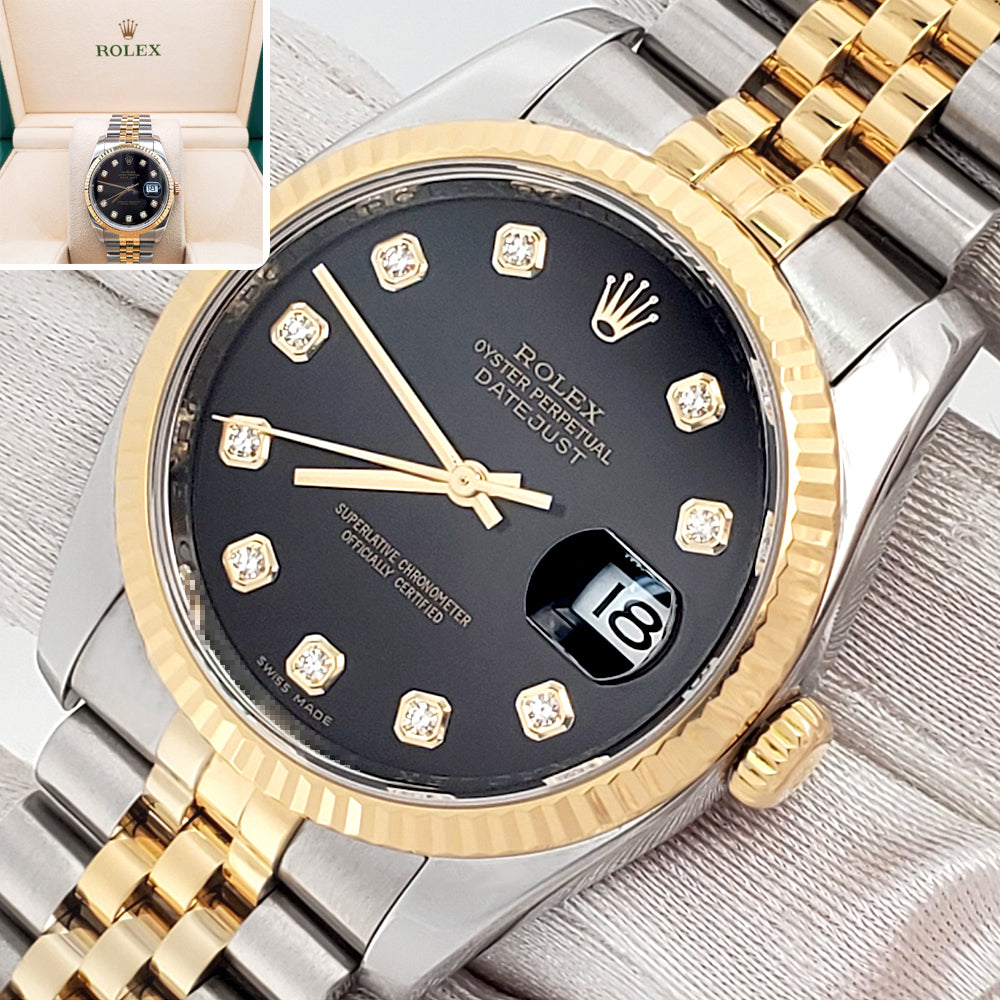 Rolex Datejust 36mm Factory Black Diamond 2-Tone Yellow Gold/Steel Jubilee Watch 116233