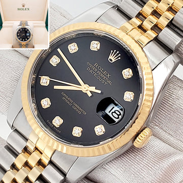 Rolex Datejust 36mm Factory Black Diamond 2-Tone Yellow Gold/Steel Jubilee Watch 116233