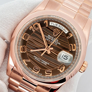 Rolex President Day-Date 36mm Chocolate Wave Arabic Dial Rose Gold Watch 118205