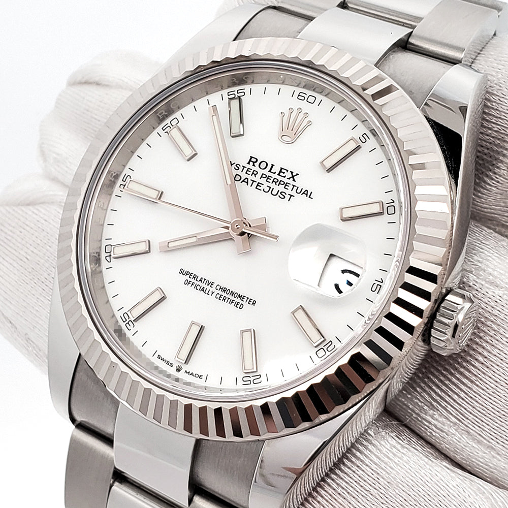 2023 Rolex Datejust 41 126334 White Index White Gold Fluted Bezel Steel Oyster Watch Box Papers