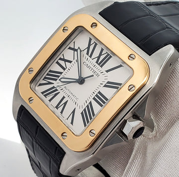 Cartier Santos 100 Steel Yellow Gold 38mm Silver Dial Mens Watch 2656