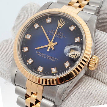 Rolex Datejust 2-Tone 31mm Factory Blue Vignette Diamond Dial Yellow Gold/Steel Watch 68273