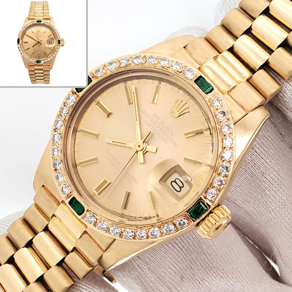 Rolex President Ladies Champagne Index Yellow Gold 26mm Watch Custom Diamond Bezel 6917
