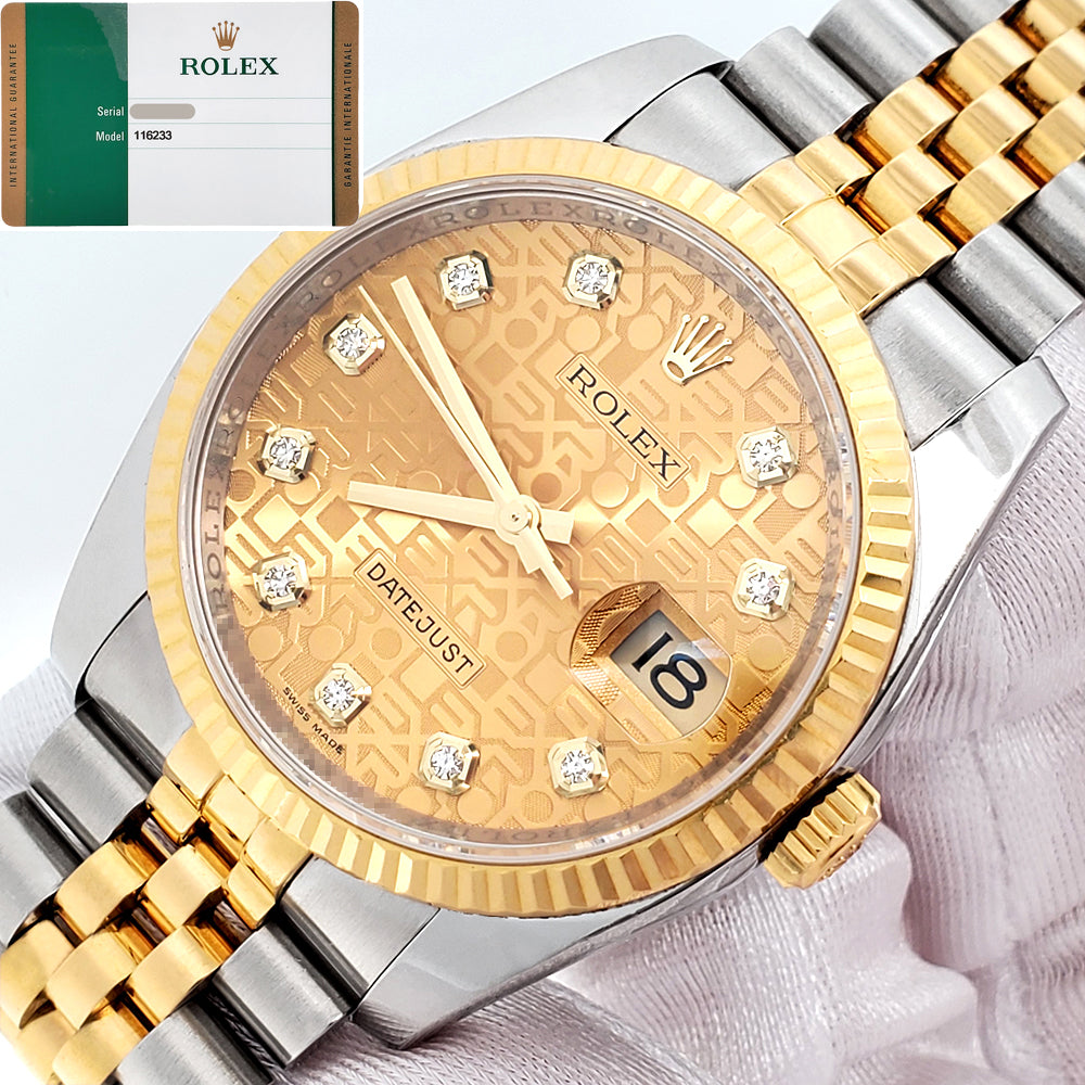 2018 Rolex Datejust 36mm 116233 Factory Champagne Jubilee Diamond 2-tone Yellow Gold/Steel Jubilee Watch Papers