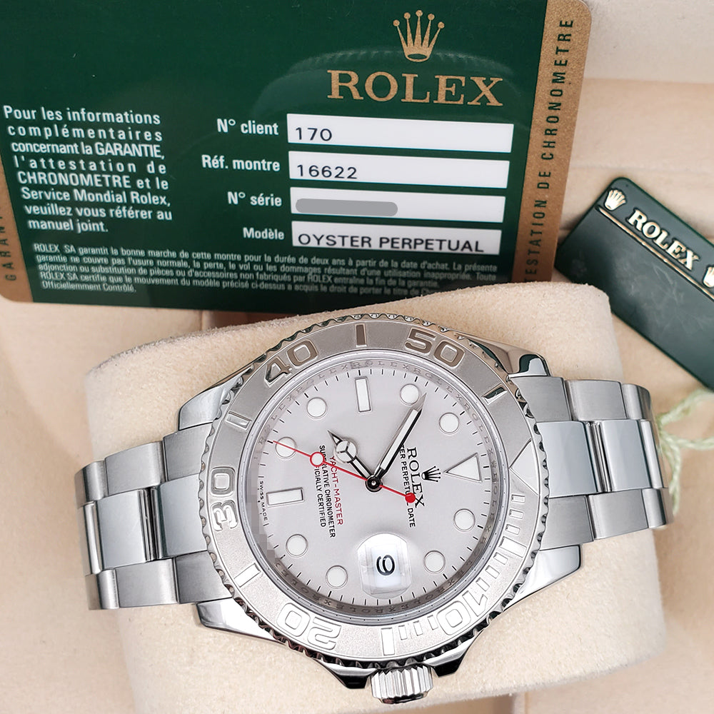 Rolex Yacht-Master 40mm Platinum Bezel Silver Dial Oyster Steel Watch 16622 