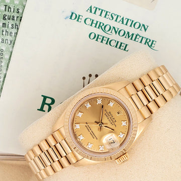 Rolex President Datejust 26mm Factory Champagne Diamond Dial Yellow Gold Watch 69178 Box Papers