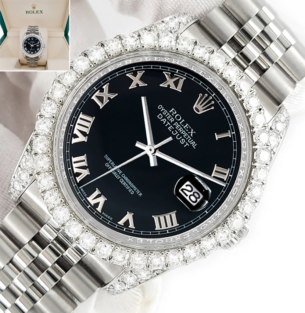 Rolex Datejust 116200 36mm 3.9CT Diamond Bezel/Lugs/Black Roman Dial Steel Watch
