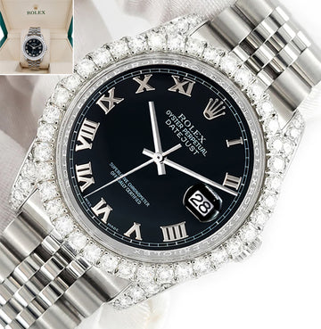 Rolex Datejust 116200 36mm 3.9CT Diamond Bezel/Lugs/Black Roman Dial Steel Watch