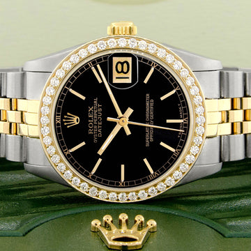 Rolex Datejust 2-tone 31mm 68273 Black Index Track Dial Watch With 0.95ct Diamond Bezel