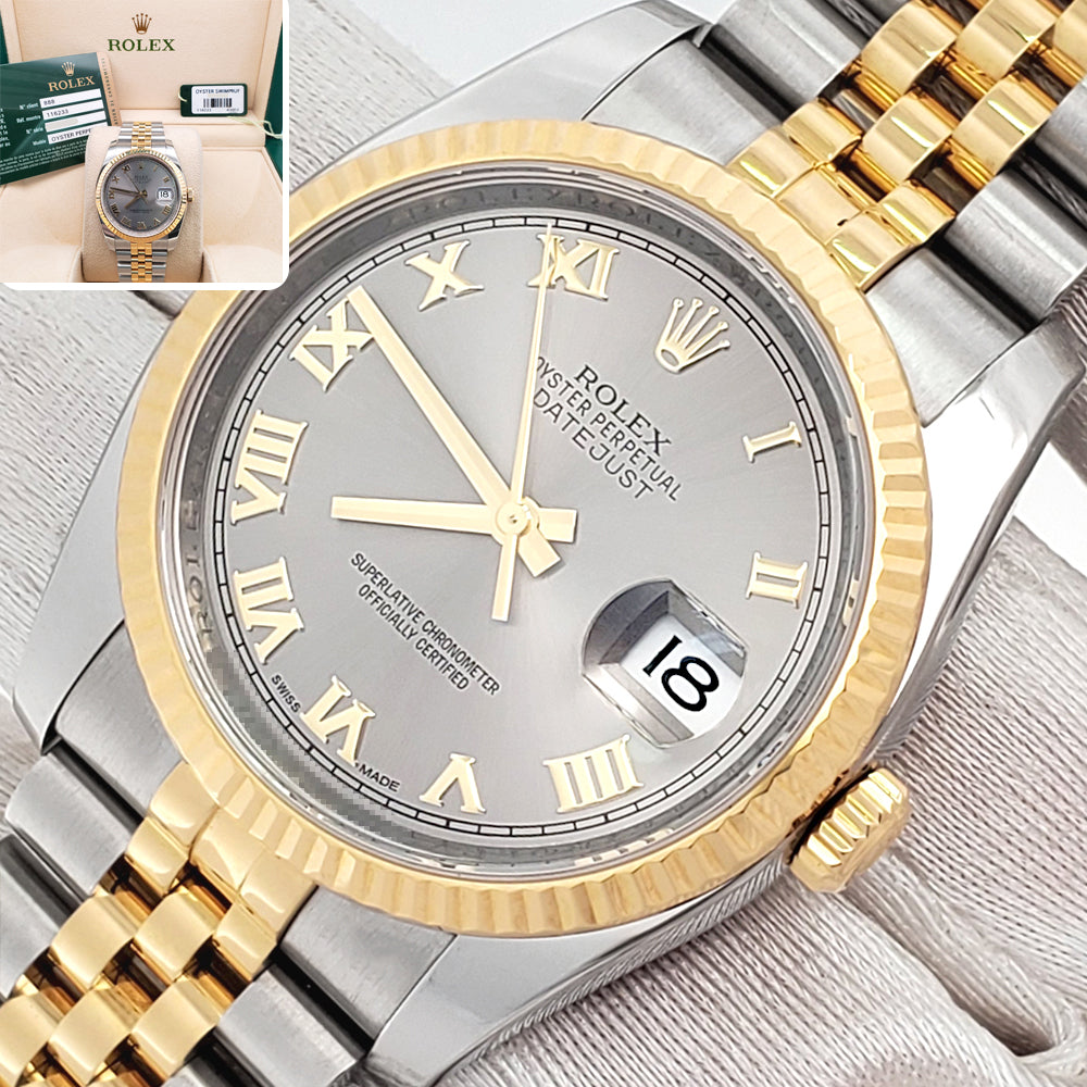 Rolex Datejust 36mm Slate Roman 2-Tone Yellow Gold/Steel Jubilee Watch 116233 Box/Papers/Tag