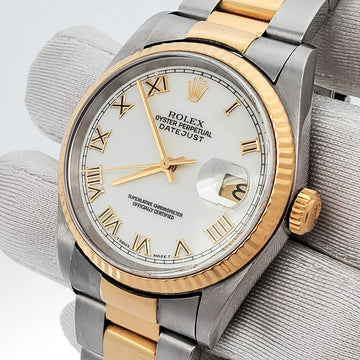 Rolex Datejust 16233 36mm White Roman Dial Yellow Gold And Steel Oyster Watch