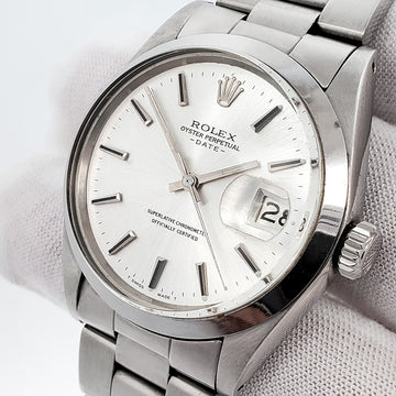 Rolex Oyster Perpetual Date 34mm Silver Index Smooth Bezel Steel Watch 1500