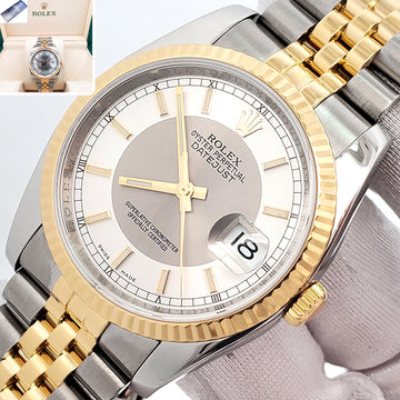 Rolex Datejust 36mm Silver Tuxedo 2-tone Yellow Gold/Steel 116233 Jubilee Watch Box/Apr