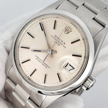 Rolex Oyster Perpetual Date 34mm Silver Index Smooth Bezel Steel Watch 1500