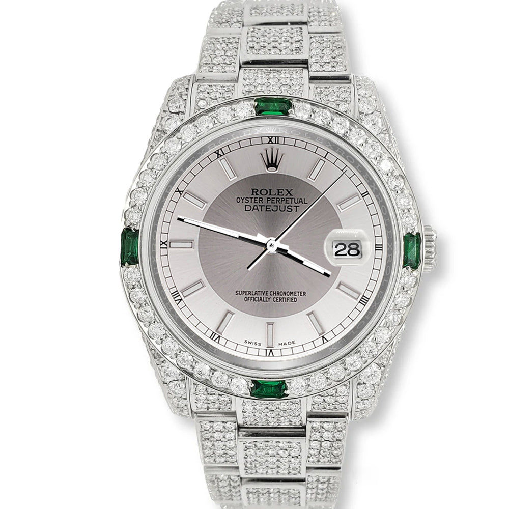 Rolex Datejust 36mm 116200 12.4CT Diamond Emeralds Bezel/Case/Bracelet/Silver Tuxedo Dial Steel Watch Box Papers