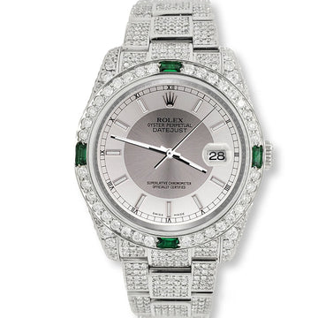 Rolex Datejust 36mm 116200 12.4CT Diamond Emeralds Bezel/Case/Bracelet/Silver Tuxedo Dial Steel Watch Box Papers