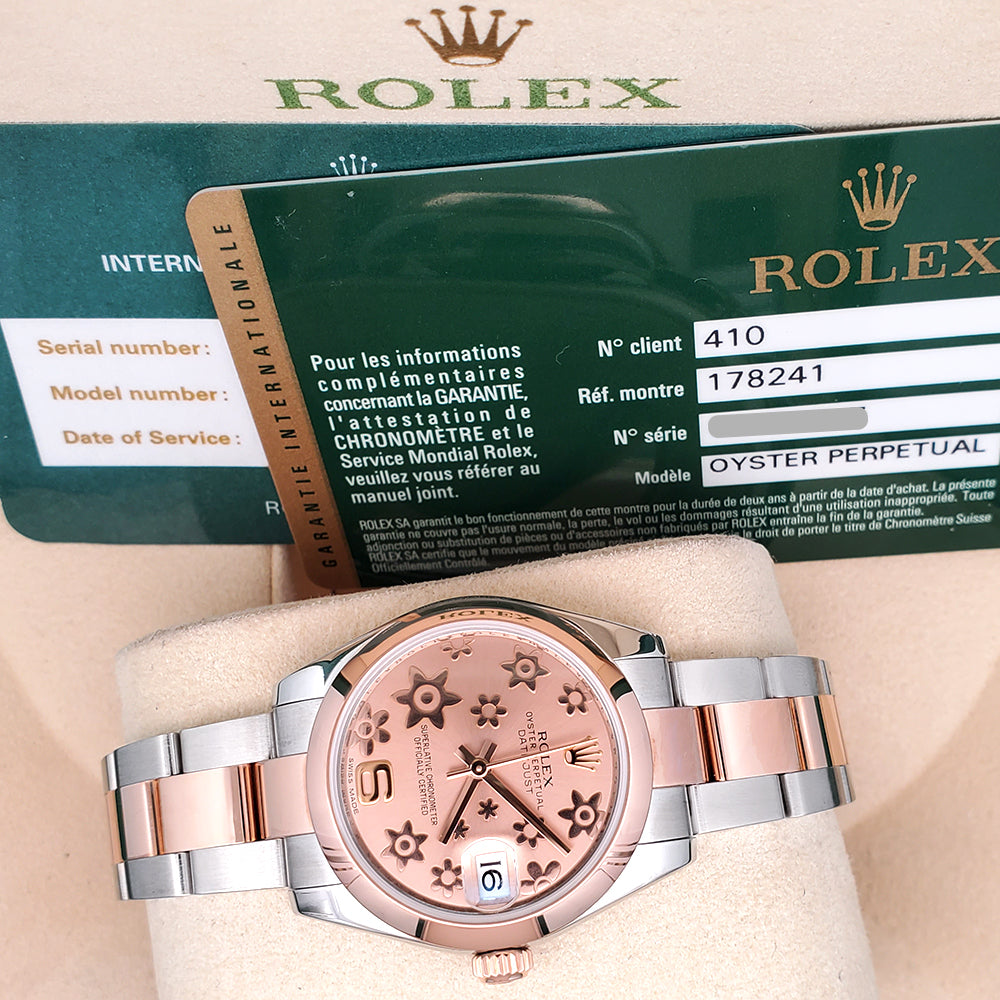 Rolex Datejust 31mm Pink Floral Motif 2-tone Rose Gold/Steel Oyster Watch 178241 Box Papers/Service Papers
