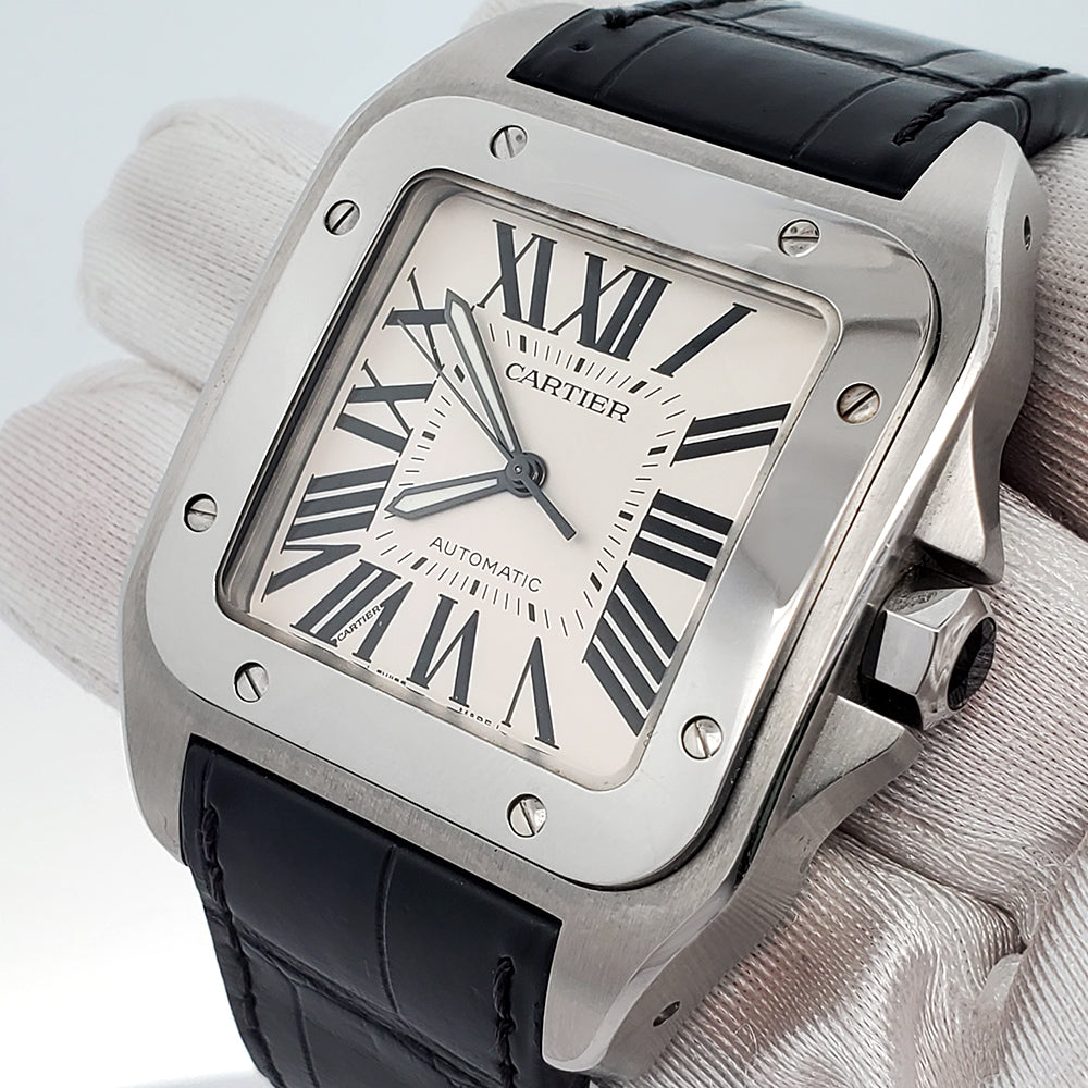 Cartier Santos 100 XL White Roman Steel Watch W20073X8 2656