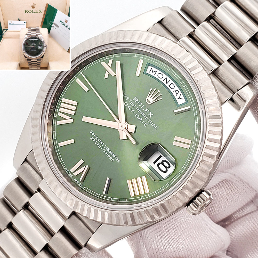Rolex Day-Date 40 President 228239 Olive Green Roman Dial White Gold Watch Box/Papers/Tag