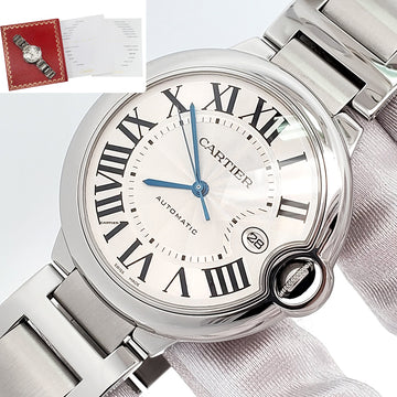 Cartier Ballon Bleu 42mm Silver Roman Steel Watch W69012Z4 3001 Papers