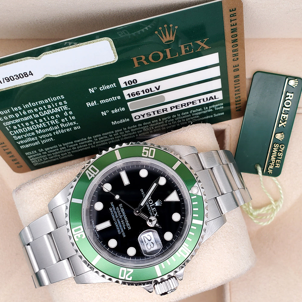 Rolex Submariner Date 40mm "Kermit" Black Green Bezel Steel Watch 16610LV Box Papers