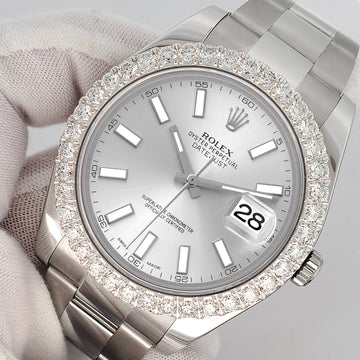 Rolex Datejust II 41mm 3.8ct Diamond Bezel/Silver Index Dial Steel Watch 116300 Box Papers