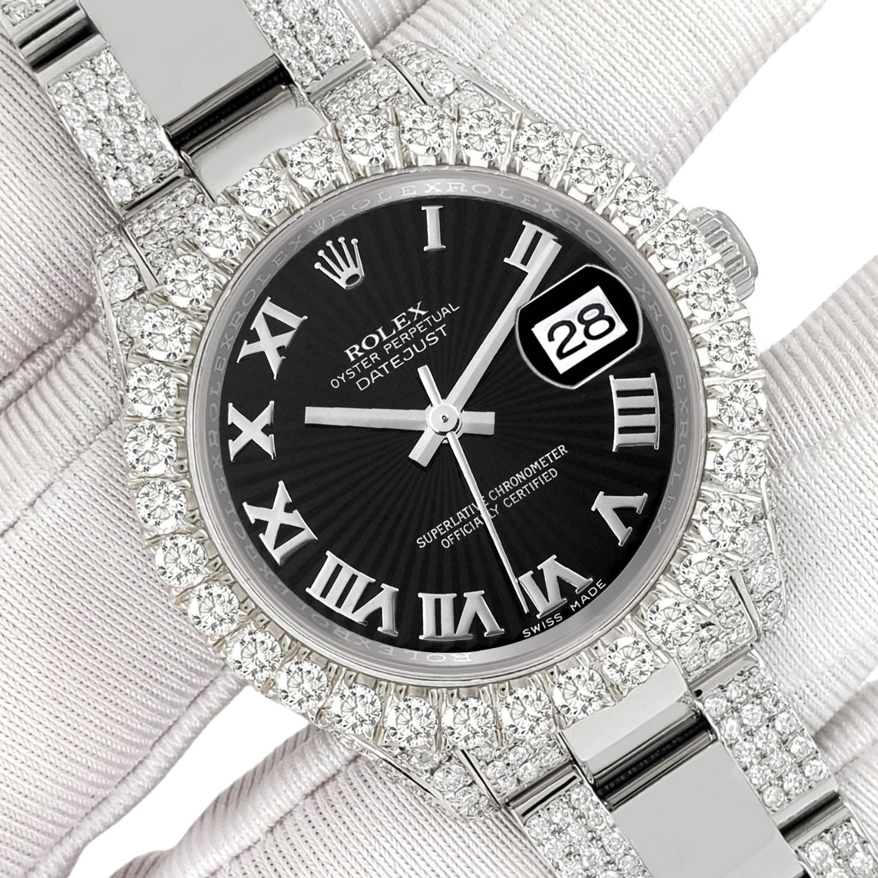 Rolex Datejust 31mm Black Sunbeam Roman Dial Pave 7.2ct Iced Diamond Watch 178240