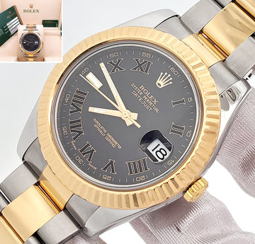 Rolex Datejust II 41mm Black Roman Dial 2-Tone Yellow Gold/ Steel Watch 116333 Box/Papers/Tag