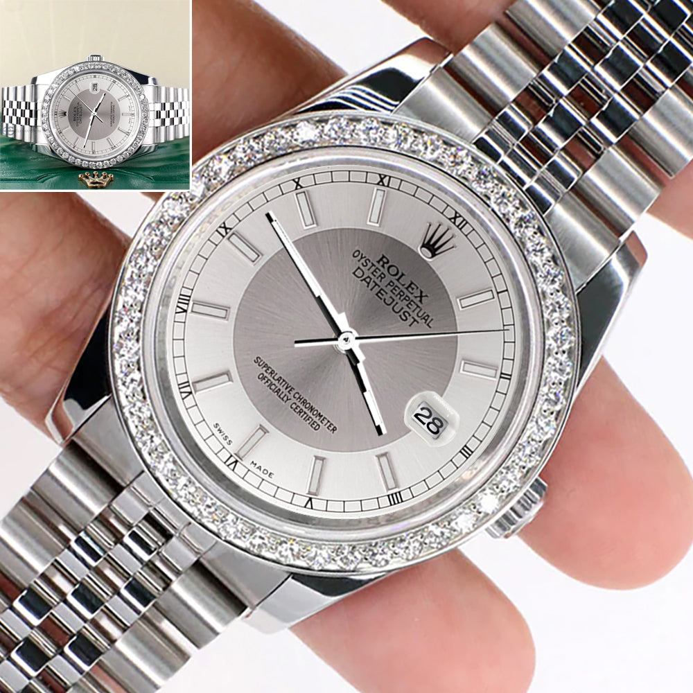 Rolex Datejust 36MM Silver Tuxedo Dial Steel Jubilee Watch with 1.85CT Custom Diamond Bezel 116200