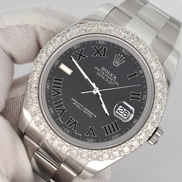 Rolex Datejust II 41mm 3.8ct Diamond Bezel/Rhodium Gray Roman Dial Steel Watch 116300 Box Papers