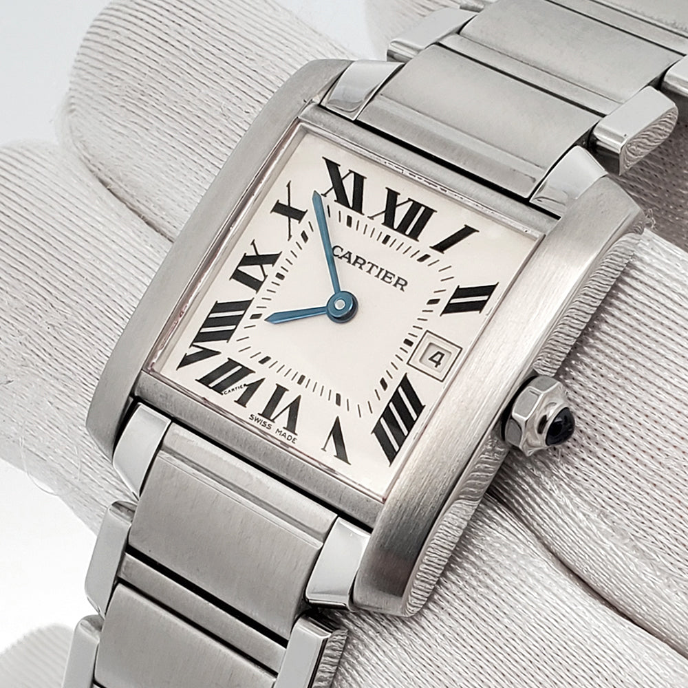 Cartier Tank Francaise 25mm White Roman Dial Stainless Steel Quartz Watch 2465