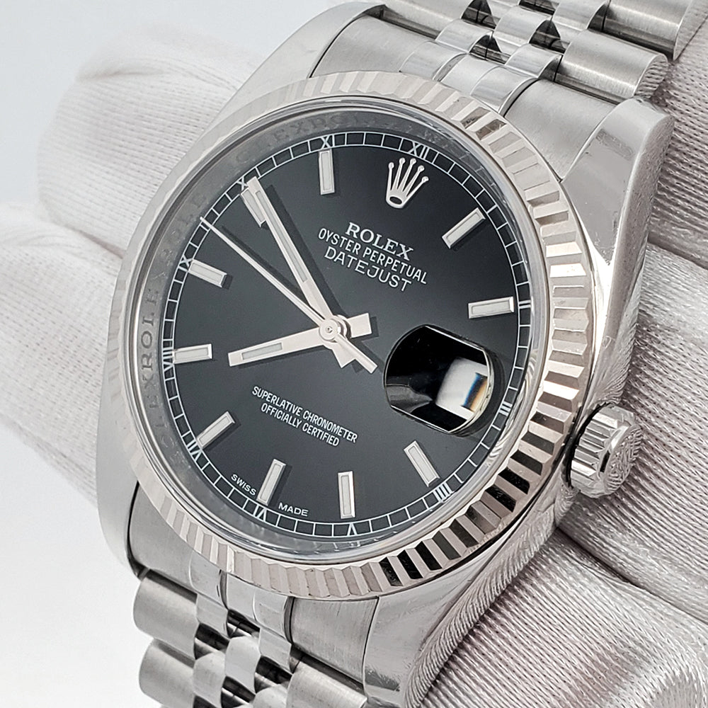 Rolex Datejust 36mm Black Index Dial White Gold Fluted Bezel Steel Jubilee Watch 116234 Box Papers