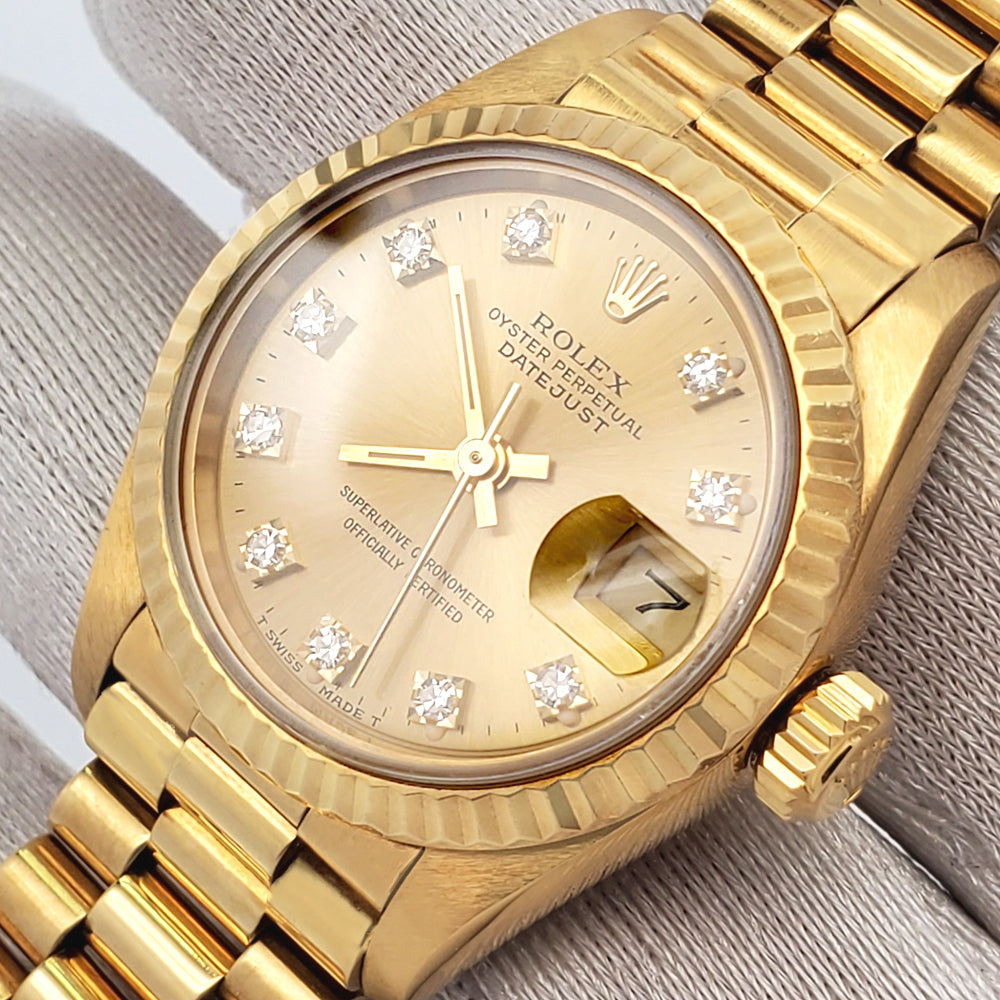Rolex President Ladies 26mm Factory Champagne Diamond Dial Yellow Gold Watch 69178