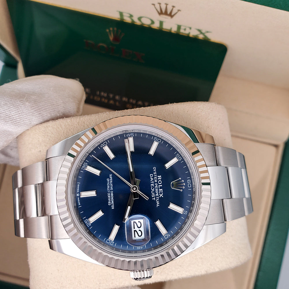 2023 Rolex Datejust 41 Blue Index White Gold Fluted Bezel Steel Watch 126334 Box Papers