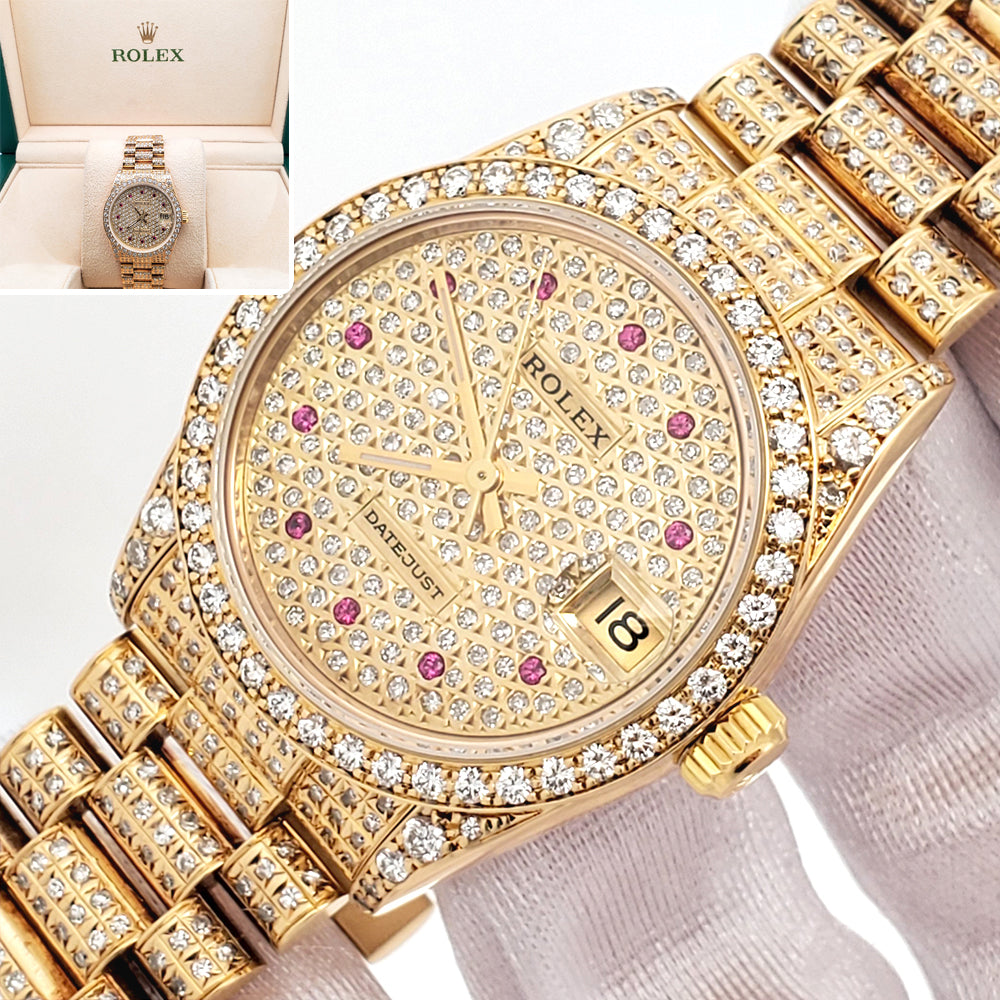 Rolex President Datejust Midsize 31mm Custom 7.2ct Full Pave Diamond Yellow Gold Watch 68288