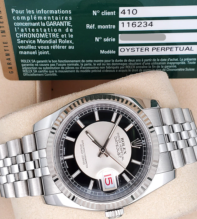 Rolex Tuxedo Dial Datejust White Gold Bezel 36mm Steel Watch 116234 Box Papers