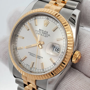 Rolex Datejust 36mm 2-Tone Yellow Gold/Steel Silver Index Fluted Jubilee Watch 116233