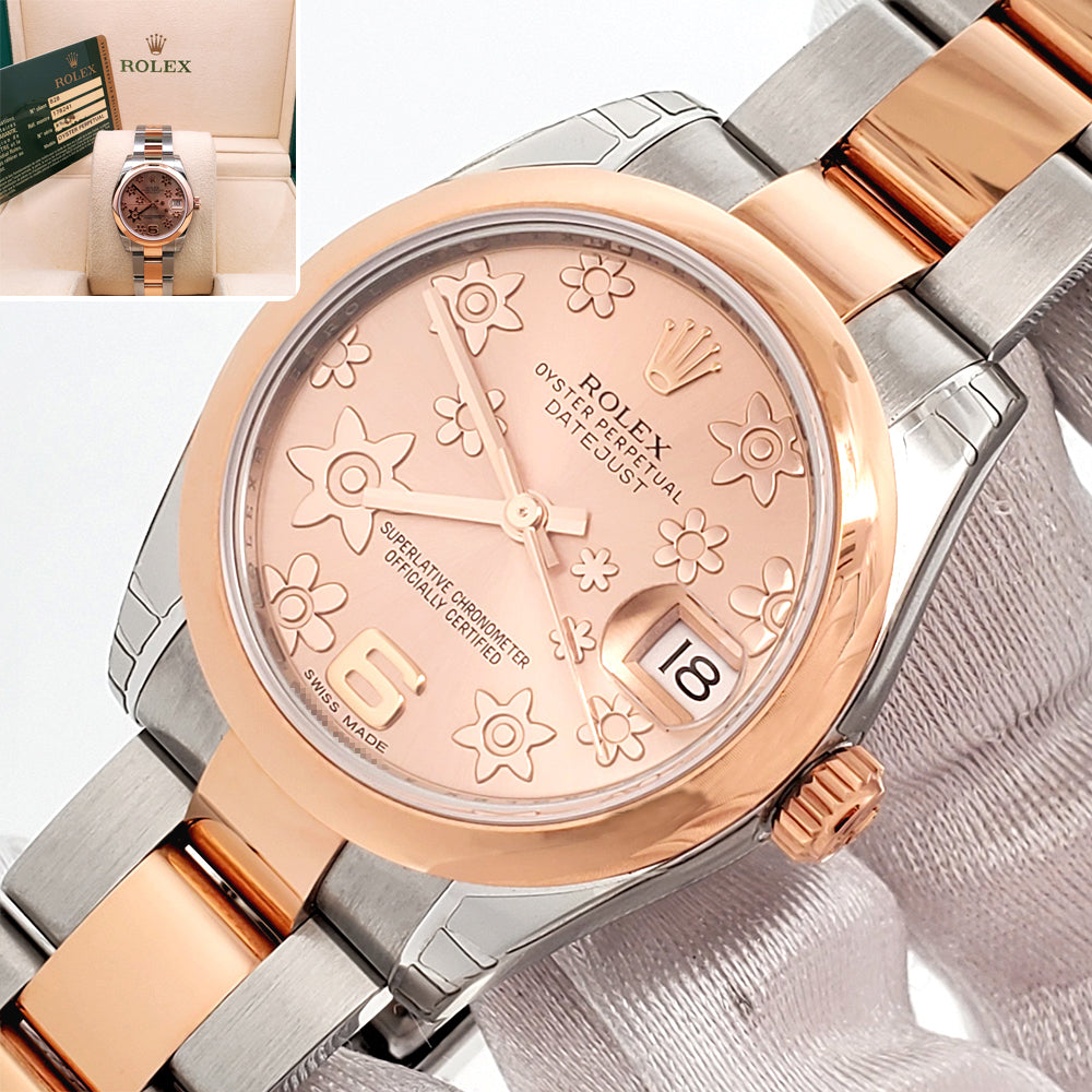 Stickered Rolex Datejust 31mm Pink Floral 2-tone Rose Gold/Steel Oyster Watch 178241 Box Papers