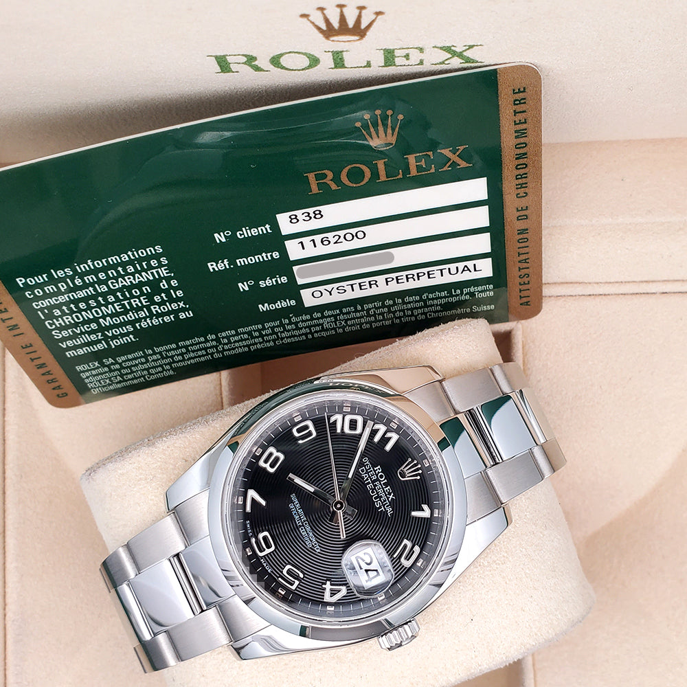 Rolex Datejust 36mm Black Concentric Arabic Dial Steel Oyster Watch 116200 Box Papers