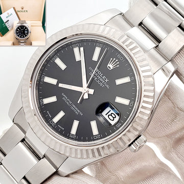 Rolex Datejust II 116334 Black Index Dial White Gold Fluted Bezel Steel 41mm Watch Box Papers