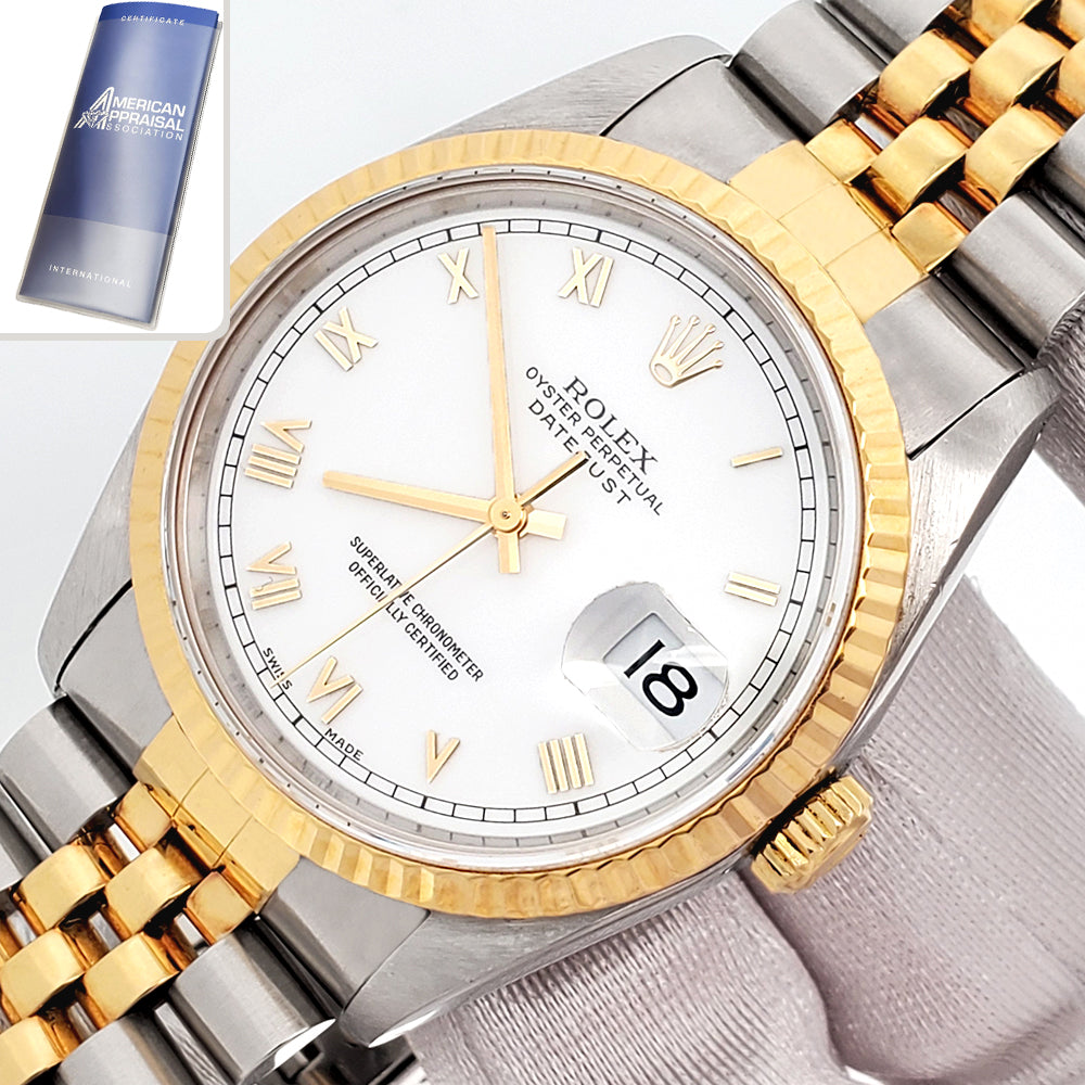Rolex Datejust 36mm White Roman 2-Tone Yellow Gold/Steel Jubilee Watch 16233