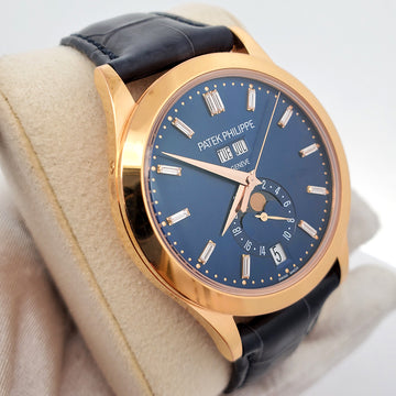 Patek Philippe Complications Moon Phase 5396R-015 Annual Calendar Blue Baguette Diamond Dial Rose Gold Watch Box Papers