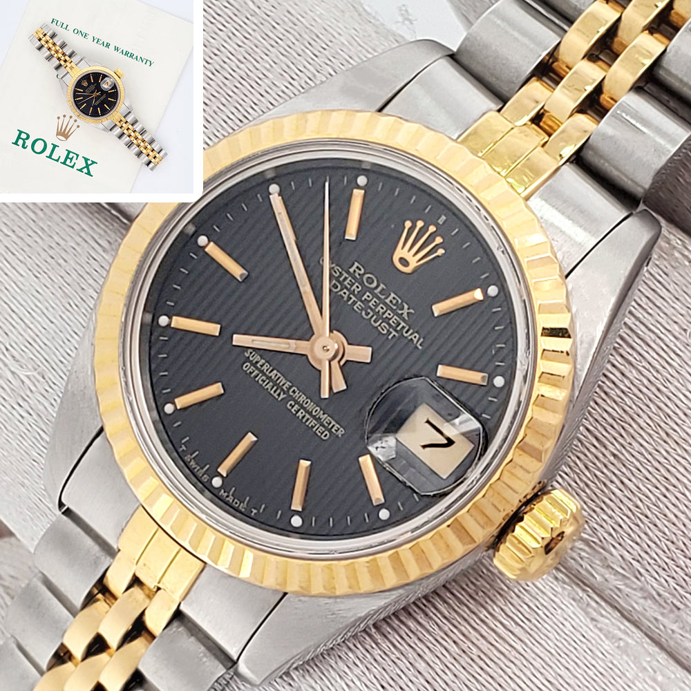 Rolex Datejust 26mm 2-Tone Yellow Gold/Steel Black Tapestry Dial Jubilee Watch 69173 Papers