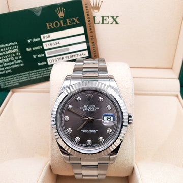 Rolex Datejust II 41mm Factory Diamond Rhodium White Gold Fluted Steel Watch 116334 Box Papers