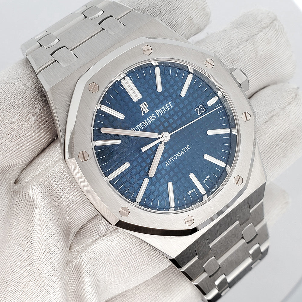 Unworn Audemars Piguet Royal Oak 41mm Blue Dial Steel Watch 15500ST Box Papers