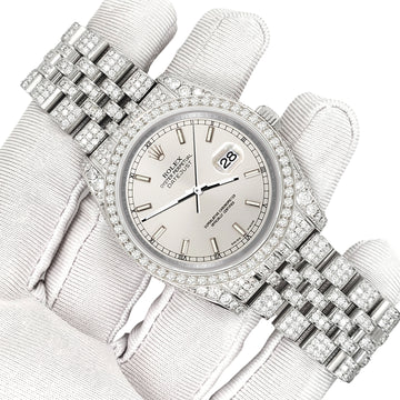 Rolex Datejust 36mm Pave 10.2ct Iced Diamond Silver Index Dial Jubilee Watch 116200 Box Papers