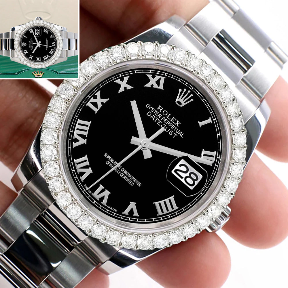 Rolex Datejust 116200 36mm 2.7ct Diamond Bezel/Black Roman Dial Steel Oyster Watch