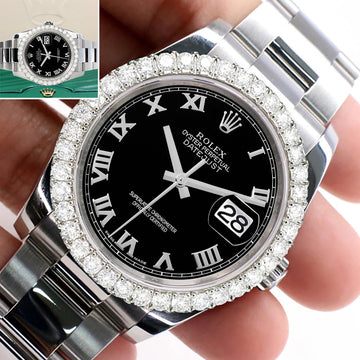 Rolex Datejust 116200 36mm 2.7ct Diamond Bezel/Black Roman Dial Steel Oyster Watch