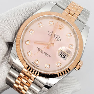Rolex Datejust 36mm 116231 Pink Diamond Dial Fluted Jubilee 2-Tone Rose/Steel Watch Box Papers