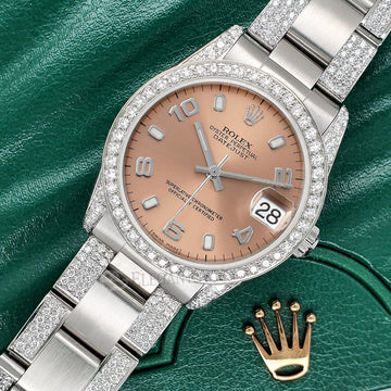 Rolex Datejust Midsize 31mm Salmon Arabic Dial 3.5ct Diamond Bezel/Lugs/Bracelet Oyster Watch